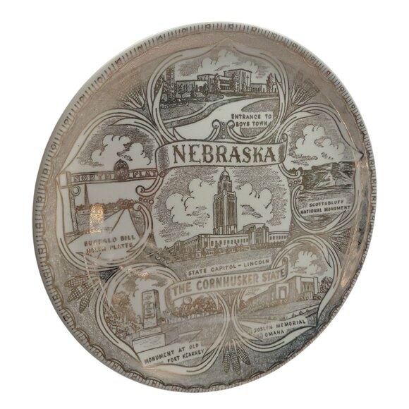 Vintage Nebraska Souvenir Plate 9" With State Capitol & Landmarks In Brow & Gold - Picture 1 of 15